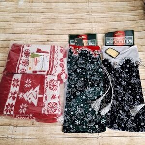 Festive Holiday Wine Bottle Bags Set - Red and Black & 18" Christmas Stuffers